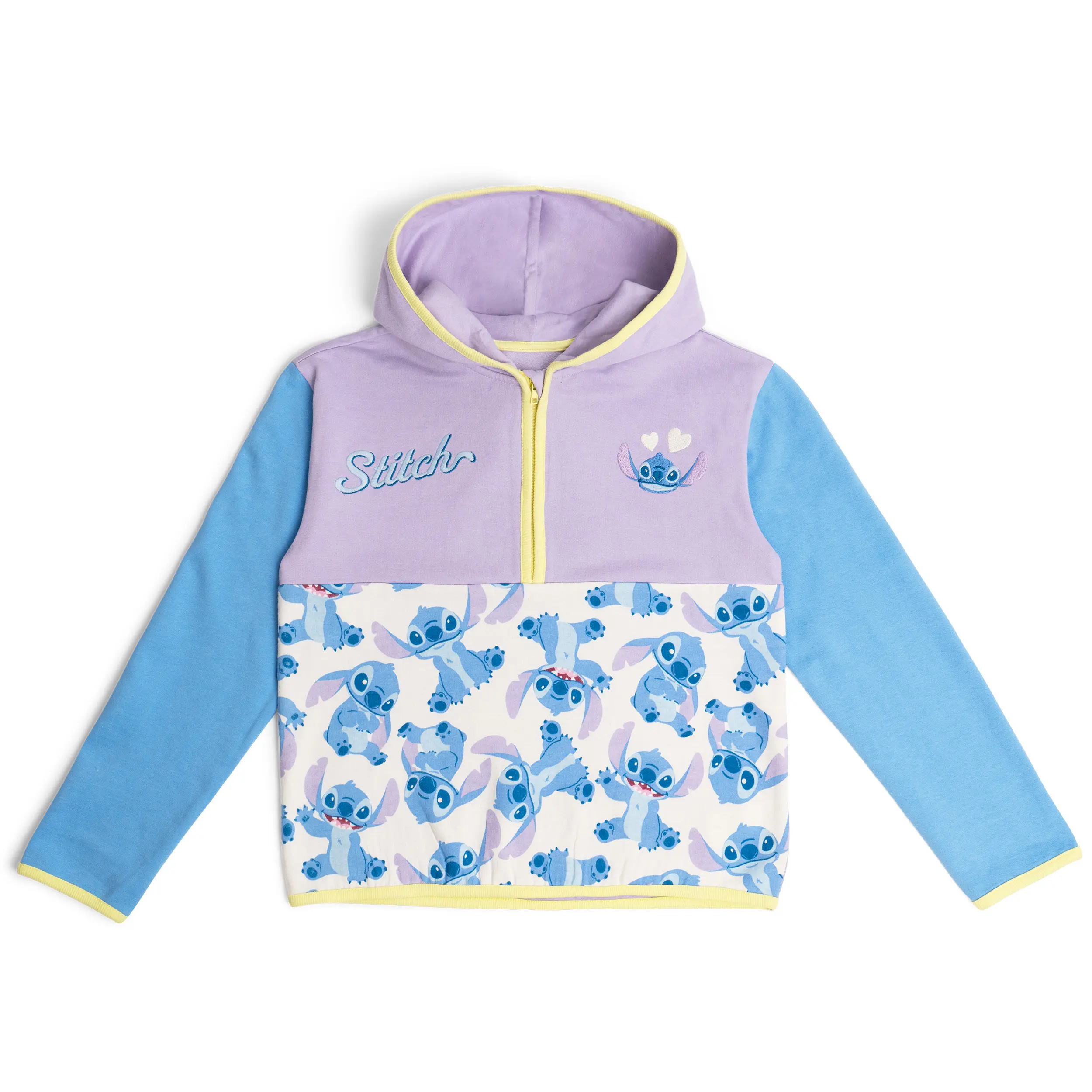 Disney Lilo & Stitch Girls' Colorblock Fleece Hoodie, 4T (4-5 Years) 240 Gsm Cotton-Polyester Blend, Embroidered Quarter-Zip Long Sleeve Pullover, All Over Print, Hearts on Chest, Machine Washable Comfy Loungewear, Toddler to Big Kid Tops