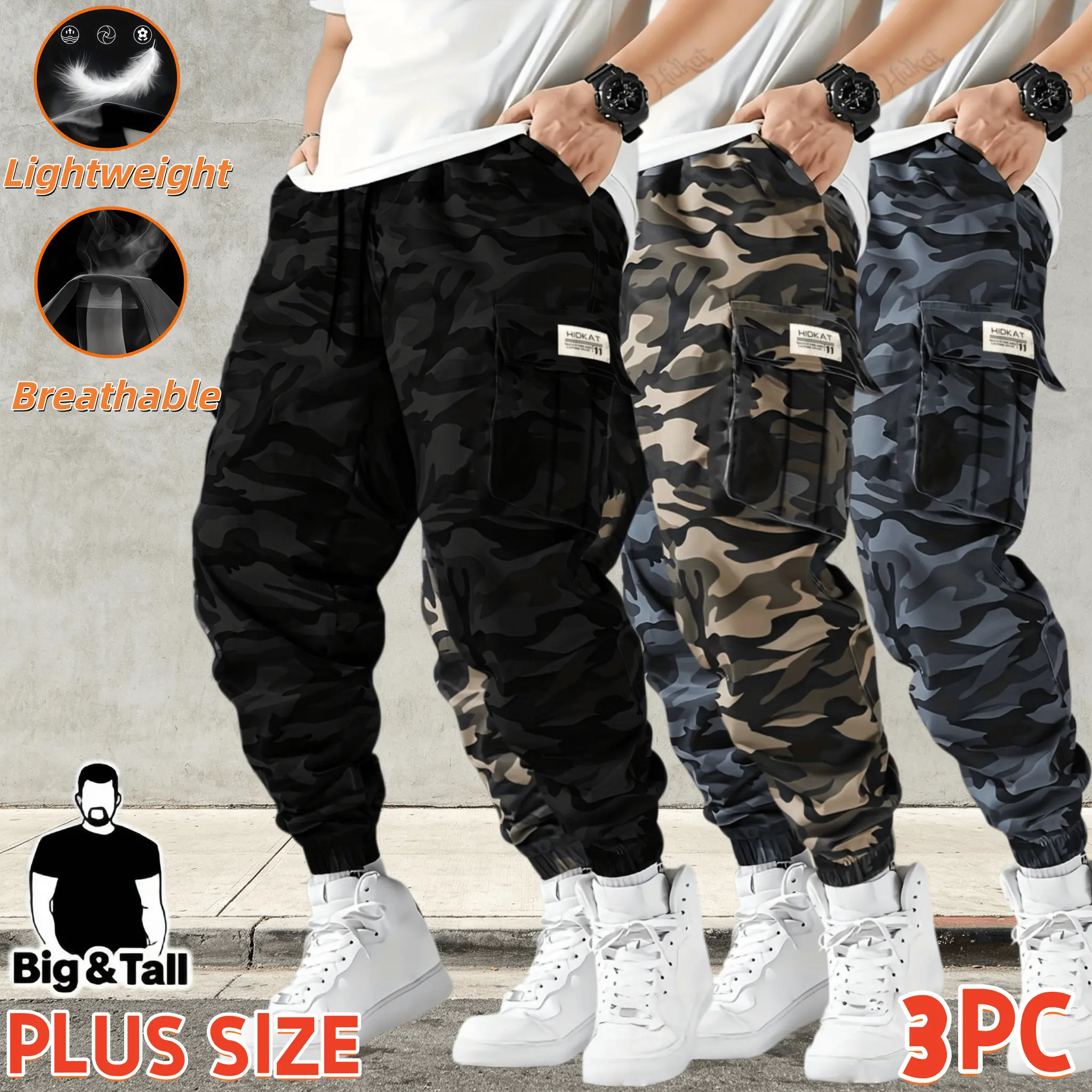 Large men's camouflage casual pants, large high waisted elastic drawstring jogging pants, lightweight and breathable camouflage jogging pants, multi pocket casual street pants, suitable for daily outdoor exercise for tall people
