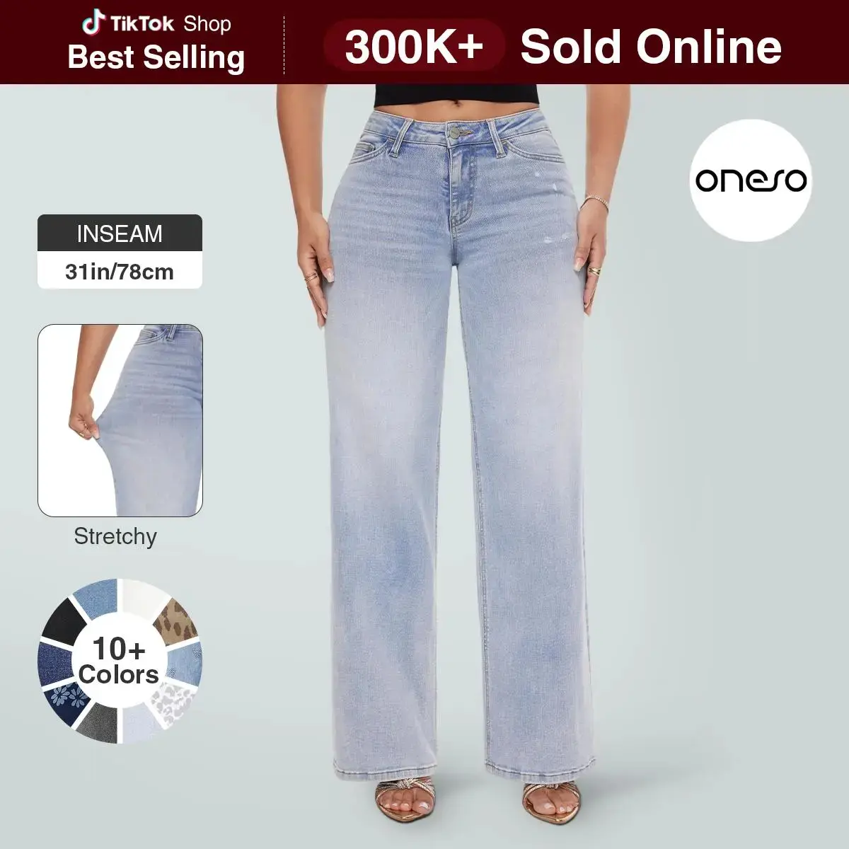Mid-low Rise Baggy Jeans Stretchy Wide Leg for Women Distressed Pants