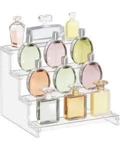 4 Tier Perfume Stand Organizer for Women, Plastic Display Riser, Tool-Free Assembly, Fragrance Makeup Cosmetics Shelf for Vanity Bedroom Bathroom Storage Organization, Clear, 9 Inch, 1 Pcs