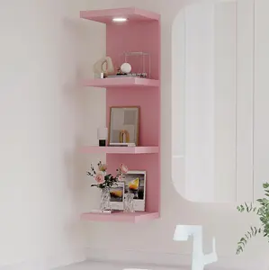 Versatile 4 Tier Wall Shelf Unit,Pink Lack Wall Shelf,Display Floating Shelf with LED Remote Control Light