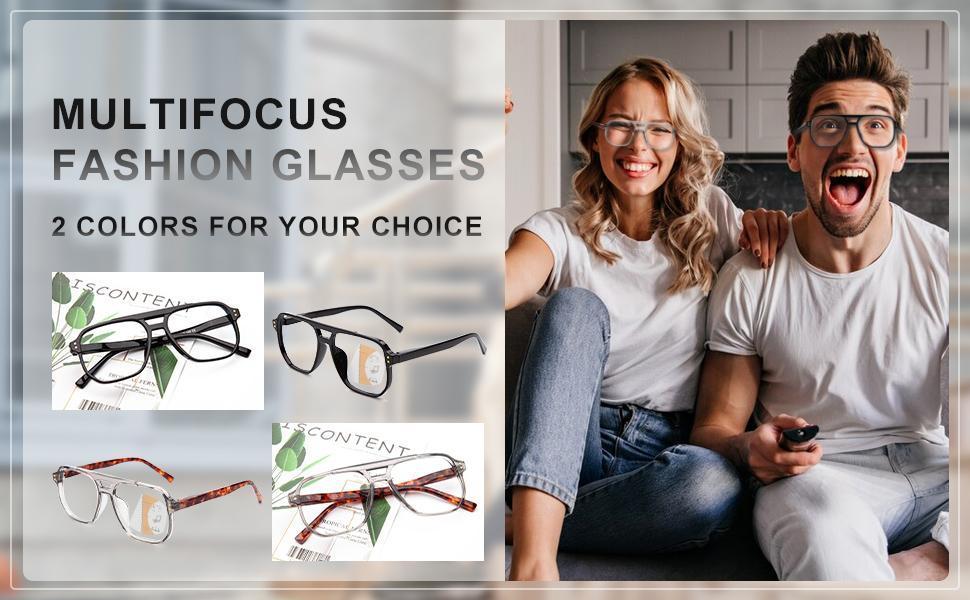 2 Pack Progressive Multifocus Reading Glasses Men Women Oversize XL - No Line Progressive Reader Half-Rim for Mid-Near