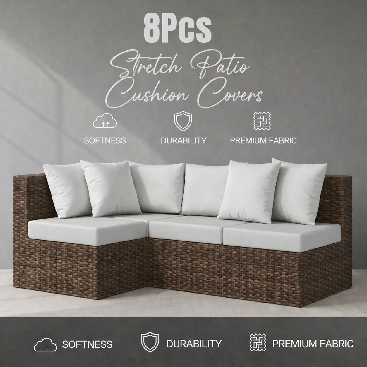 8-Pack Stretch Patio Cushion Covers, Washable Slipcovers for Patio Cushion Set, All-Season Indoor/Outdoors Use with Smooth Fabric