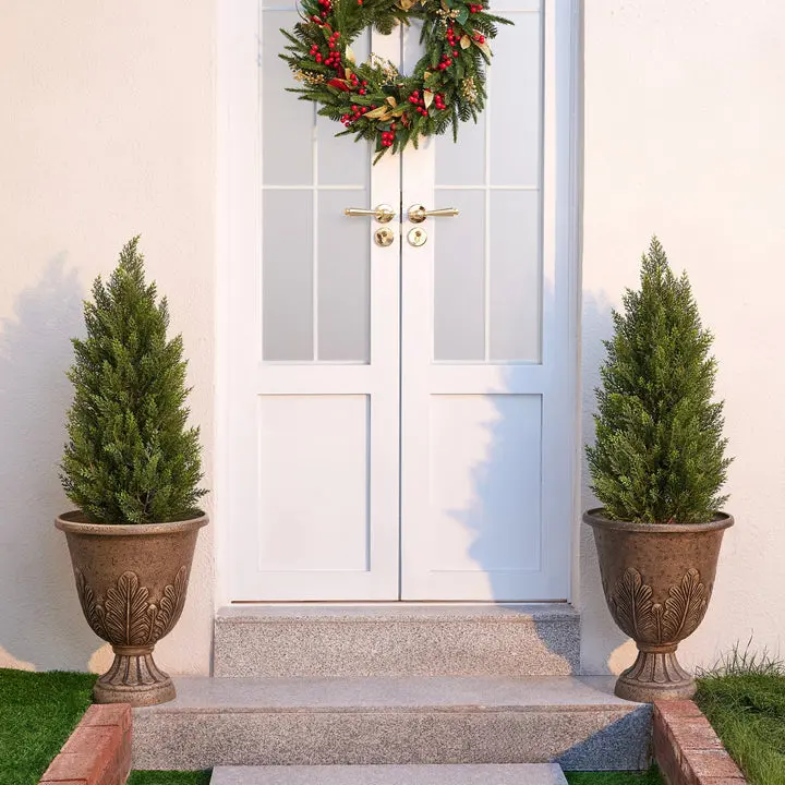 DR.Planzen 2-Pack 3/4/5FT Decorative Silky Artificial Cedar Topiary Tree with Real Wood Trunk, UV-Resistant Faux Plant, Lifelike Potted Fake Tree for Indoor Outdoor Home Decor, Ideal Gift