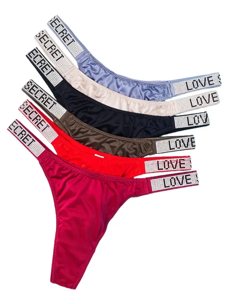 Women's 6-Pack Low-Waist Thong Lingerie, Rhinestone Letter Seamless Nylon Panties, Lightweight Stretchy Underwear for Holiday & Everyday Wear