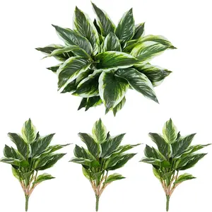 3PCS Artificial Tropical Green Plants – 15.75" Fake Hostas Outdoor Artificial Plants, UV Resistant, Faux Green Leaf Stems for Porch, Patio, Balcony, Garden Planter or Indoor Décor