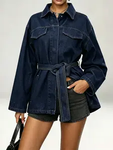 Women’s Dark Blue Denim Jacket with Waist Belt, Oversized Button Down Collared Shirt Coat, Casual Long Sleeve Trucker Jacket with Pockets, Adjustable Waist, Loose Fit, Fashion Streetwear for Daily Wear, Work, Travel, Fall Winter Outerwear