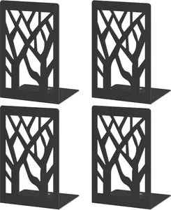 4- Modern Metal Bookends for Shelves, Black Tree Book Ends for Books, Decorative Book Organizer for Desk, Non-Skid Shelve Bookends for Home Office