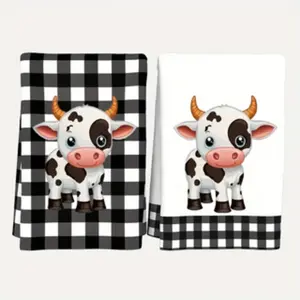 2-Piece & Plaid Cow Kitchen Towels Set, Kitchen Linens, Dishwashing Cloth Drying Cloth Dishcloth Hand Towel, Kitchen Decor Gift for Neighbors, Friends, Mom, Birthday