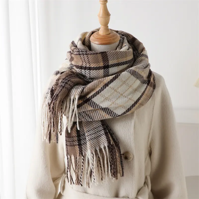 Classic Brown and Black Checkered Cashmere Shawl Scarf - Fringe Trim, Fluffy Soft, Casual Soft Shawl for Autumn-Winter Warmth & Fashion Versatility, Checkered Scarf