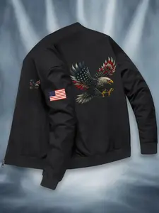 Men's Vintage American Flag Eagle Baseball Jacket, Olive Casual Zipper Coat with Pockets, Polyester Fiber, Regular Fit, Casual Trendy Coat, Casual Fitted Jacket