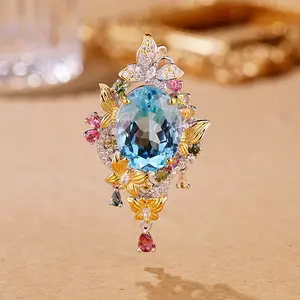 S925 sterling silver Topaz pendant ,with Tourmaline and white zircon, high quality setting, Glod-Plated Elegant and Luxurious for Women, Girl friend, Brides, Grils as Wedding&Birthday Gift, Perfect for Daily Wear and Party, Valentine's Day Gift