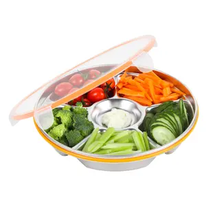 Divided Serving Tray with Lid - Stainless Steel 10-inch 6-Compartment Divided Snack/Vegetable/Fruit Tray for Christmas Parties, Snackle Box & Platter Container