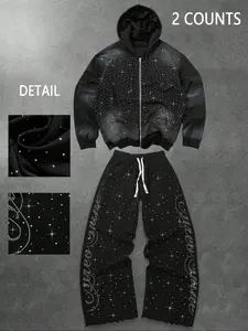 Sparkling Diamond Embroidered Hoodie & Sweatpants Set, Unisex Casual Fashion for Spring & Fall, Comfortable Daily Wear