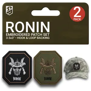 2-Pack Ronin Samurai Patches – Embroidered Tactical Morale Patches for Backpack, Vest, Helmet, Dog Harness – 3.3x3 in – Hook & Loop – Olive Green & Black