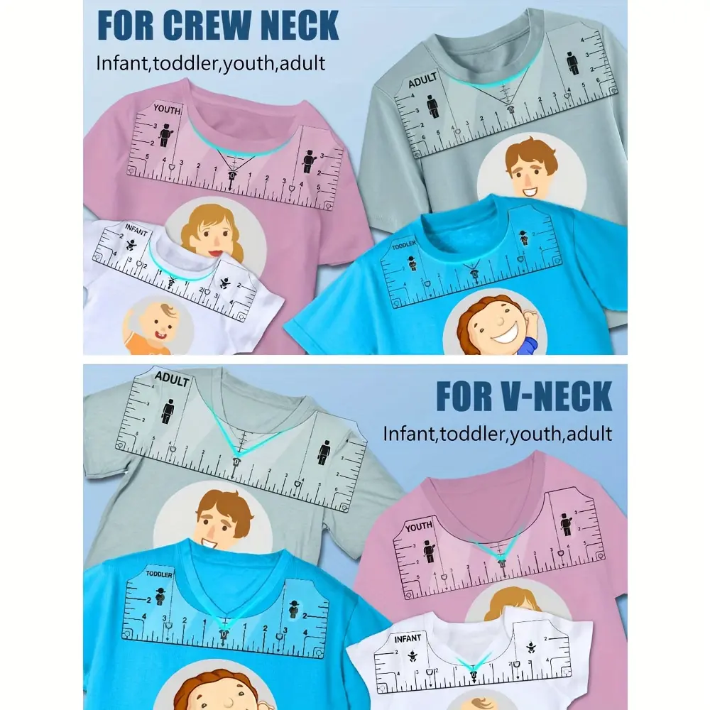 7Pcs Portable Compact T-Shirt Ruler Guide, Transparent PVC Ruler for Centering Vinyl, Alignment, Heat Press, Adult & Youth, Front & Back Measurement (V-Neck/Round Neck), Portable Compact Rulers