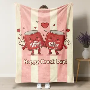 Dr Pepper "Happy Crush Day" Pink Flat Velvet Blanket,Cute Valentine's Gift for Couples,Soft Flannel Material Cartoon Pattern Multipurpose Office Bedding Plush Thin Quilt Holiday Gift Cozy Warm