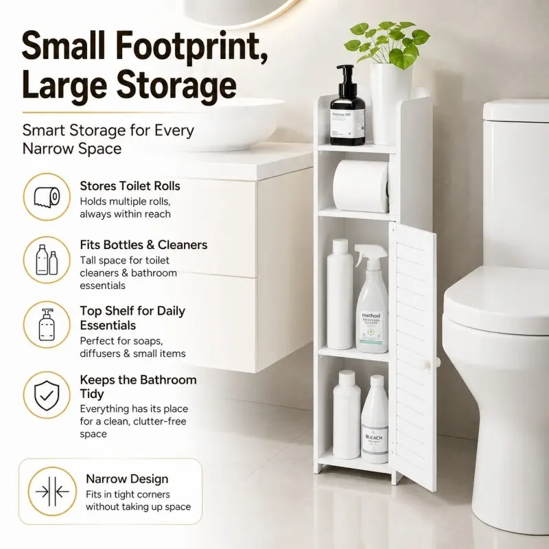 White Bathroom Storage Cabinet with Sliding Doors and Shelves, Multifunctional Storage Cabinet, Home Storage Cabinet, Heavy-Duty PVC Corner Unit, Space-Saving Toiletries Organizer, Bathroom Cabinets, Suitable for Bathroom, Bedroom, Corridor (Model DM149)