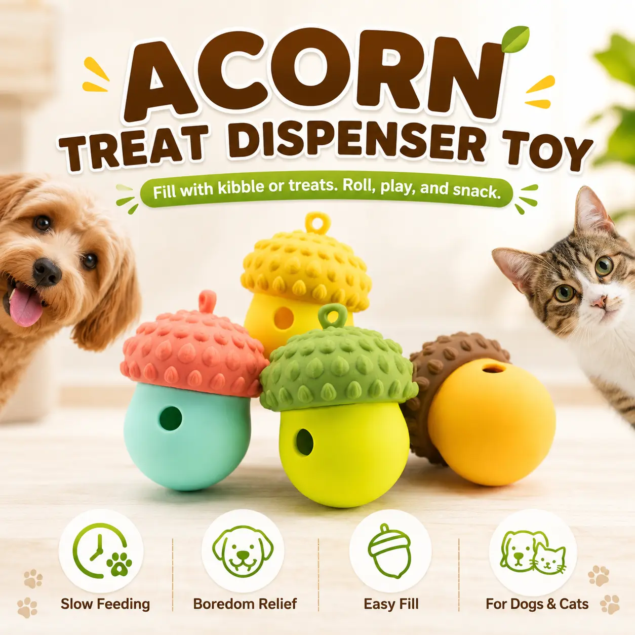 Acorn Pet Treat Dispenser Toy, Rolling Slow Feeder Puzzle Ball for Dogs & Cats, Fun Food-Dispensing Toy for Boredom Relief