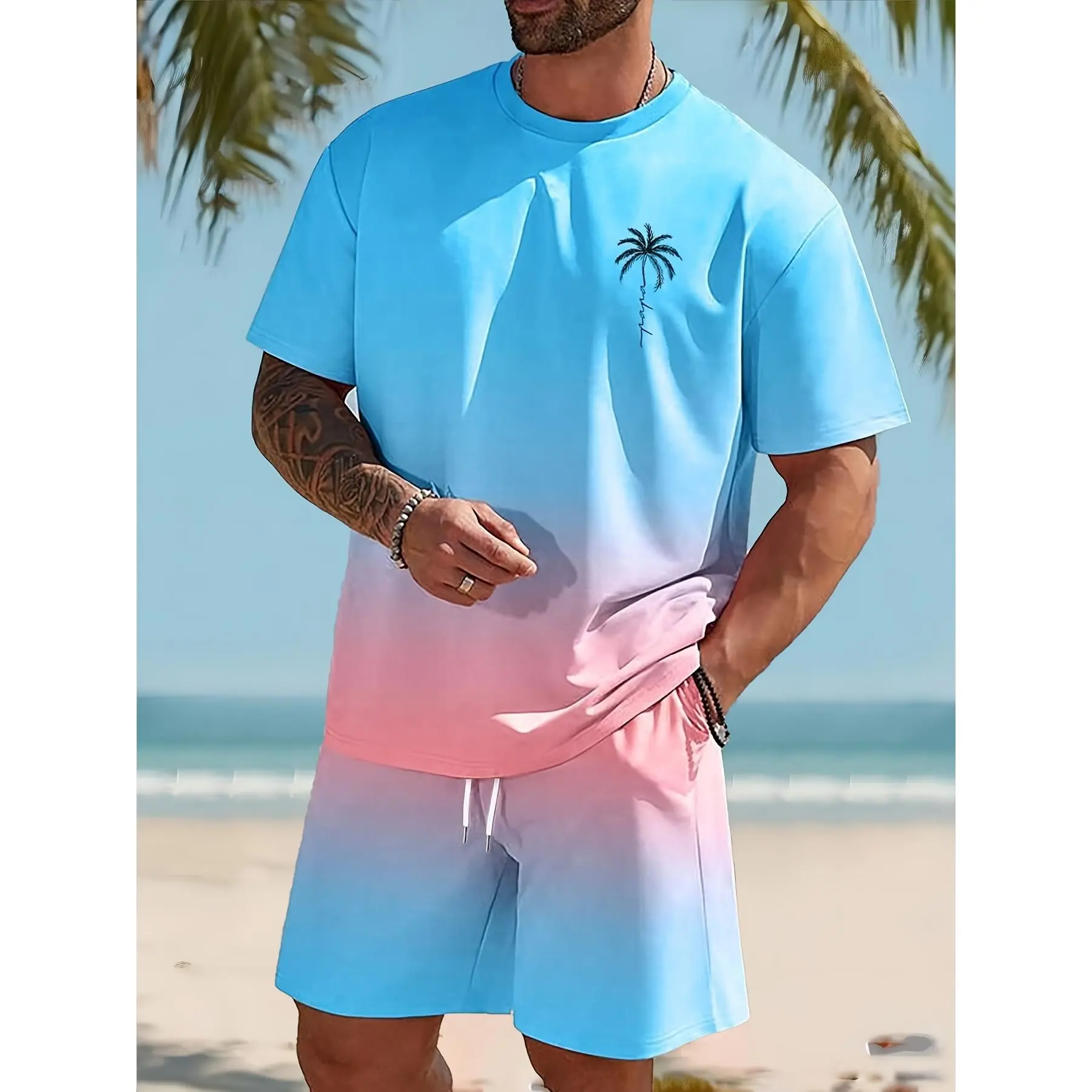 Men's Casual Two-Piece Ombre Summer T-Shirt and Shorts Set, Fashionable Crew Neck T-Shirt, Breathable and Comfortable Shorts Clothes Fabric