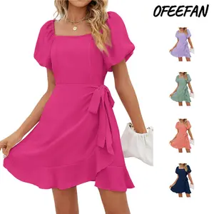 OFEEFAN Womens Summer Dresses Square Neck Puff Sleeve Tie Waist Short Dress