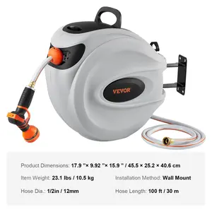 fathersdaygift  VEVOR Retractable Hose Reel, 100 ftx 1/2 inch, 180 Swivel Bracket Wall-Mounted, Garden Water Hose Reel with 9-Pattern Nozzle, Automatic Rewind, Lock at Any Length, and Slow Return System
