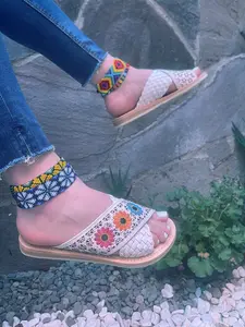 Daniela Huarache Slides - Embroidered Floral Round Toe Sandals in Natural Leather for Women