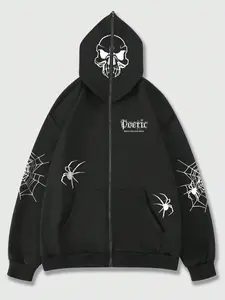 Y2K Gothic Skull Spider Web Full Zip Fitted Long Sleeves Hoodie, Punk & Goth Fashion Graphic Jacket, Soft Comfortable, All Seasons, Streetwear for Alternative Style