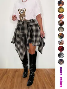 Women's Fashion Plaid Print Asymmetrical Hem High Waisted Skirt, Summer Clothes Women Casual Elastic Waist Tiered Layer Knee Length Skirt For Summer Going Out Streetwear