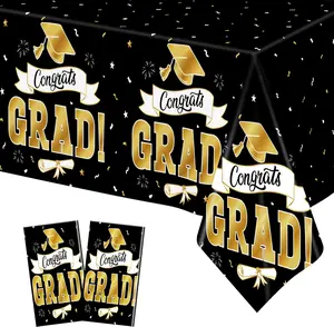 2Pack Graduation Decorations 2026, 108" X 54" Graduation Tablecloth, Blackgold Rectangle Class of 2026 Table Cloths, Disposable Plastic Congrats Grad Tablecover for Grad Party Favors Supplies
