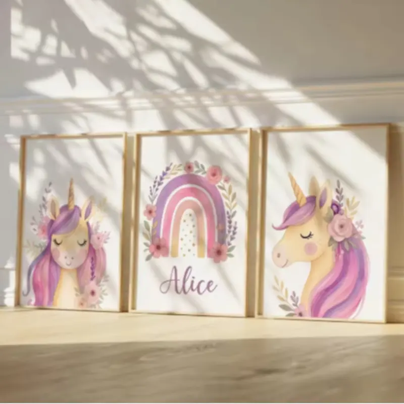 3pcs Frameless Unicorn Nursery Print Poster, Girls Bedroom Wall Art Artwork Watercolor Floral Trio Canvas, Rainbow Unicorn Decorative Decoration Birthday Gift Poster Aesthetic Girly Art