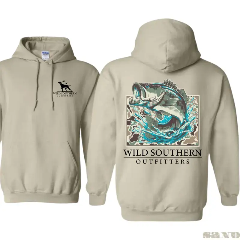 Wild Southern Outfitters Bass Fishing Hoodie, Largemouth Bass Graphic Hooded Sweatshirt, Angler Fishing Pullover Hoodie, Outdoor Sports Hoodie, Fisherman Gift for Men & Women