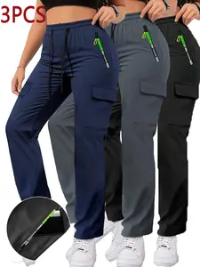 1Pc/3Pcs Women's Spring/Autumn Zipper Pocket Work Pants, Stylish Large Pocket Design with Elastic Waistband, Casual Outdoor/Everyday Long Slim Pants