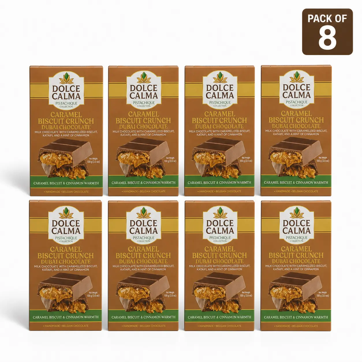 Dolce Calma Dubai Chocolate Bar Caramel (100g / 3.5oz) – Viral Authentic Handmade  Belgian Chocolate with Turkish Pistachio & Crispy Kataifi, Premium Candy, Luxury Cream Kunafa Filling - Pack of 8