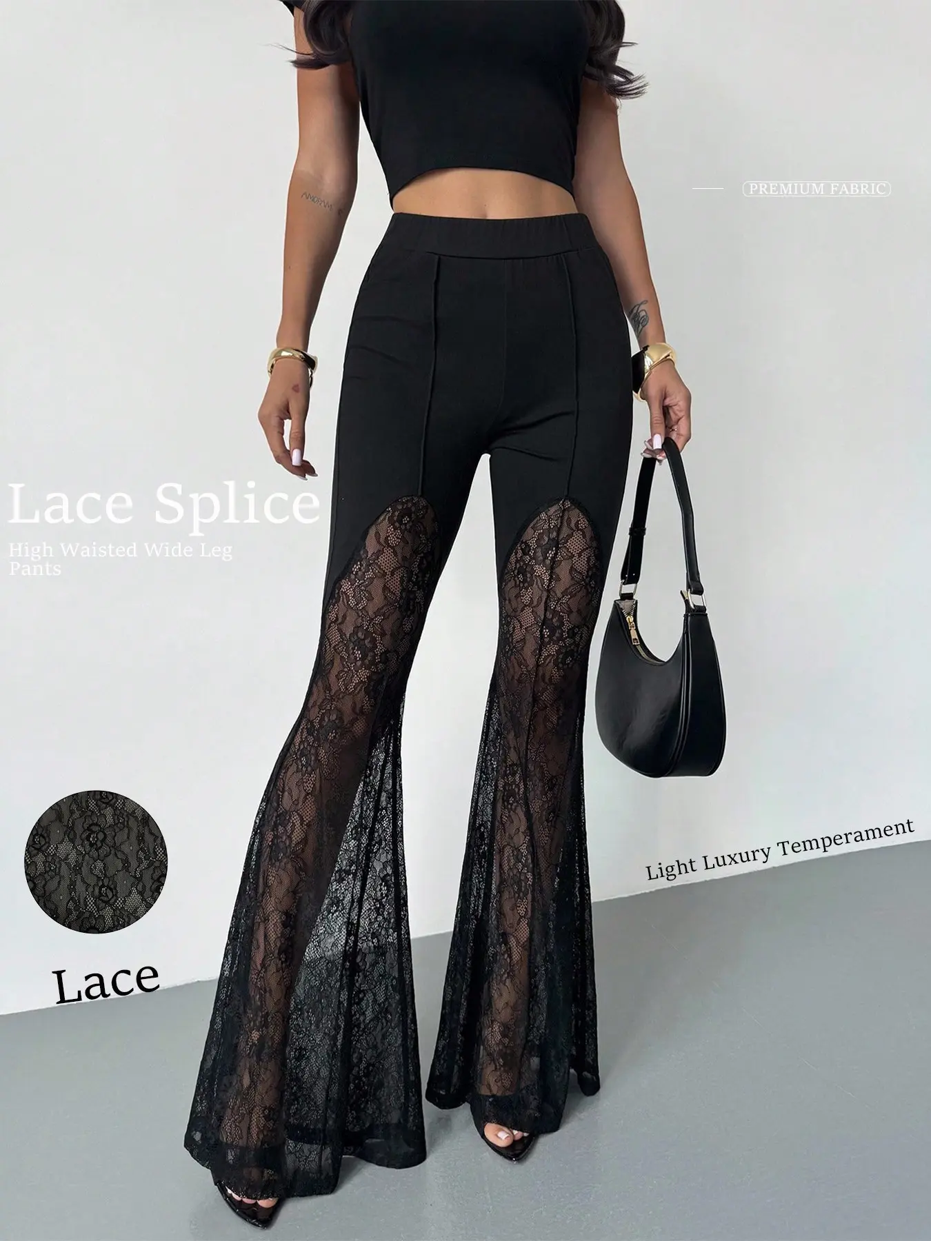 Ladies' black lace spliced high waisted flared pants, Bell bottom pants, high waisted slimming leg length, see through lace pants, suitable for spring, summer, European-American style, Y2K style, nightclub party style, daily commuting wear