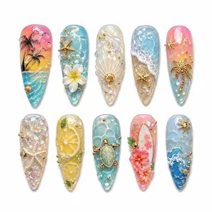 Tropical Ocean Paradise Luxury Press On Nails – 3D Beach Sunset, Mermaid Waves, Lemon & Turtle Summer Vacation Nails Set | Handmade Reusable Fake Nails