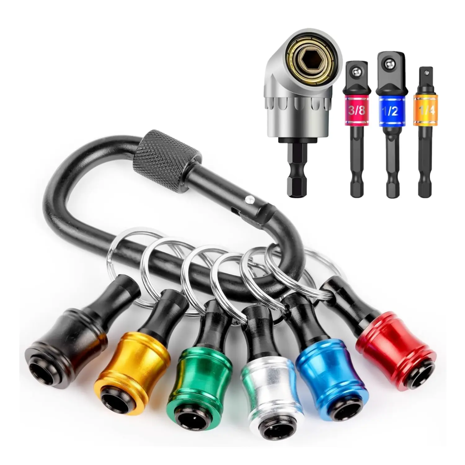 10Pcs Bit Holder Key chain Gadgets for Men - 1/4 Drill Bit Holder , w/Drill Socket Adapter 3 Sizes 1/4" 3/8" 1/2", w/ 105° Multifunction Right Angle Drill, Cool Gifts Electrician Tools - Home Improvement.