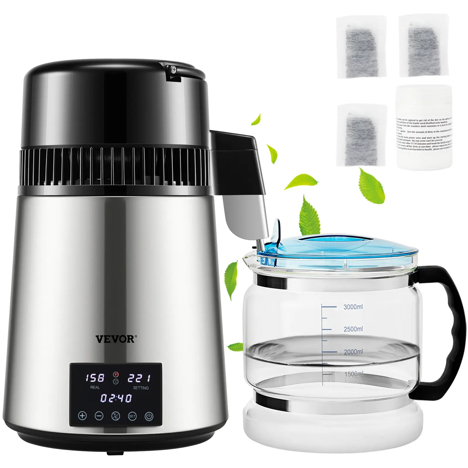 【summerfinds】VEVOR Durable Household Water Distiller Water Filters, 1.1Gal 1750W, 0.4Gal/H Speed, 0-99H Timing, Dual Temp Display, 304 Stainless Steel Countertop Model with Glass Carafe, 3 Carbon Packs & Cleaning Powder, Silver, Multi-Refill Water Filt