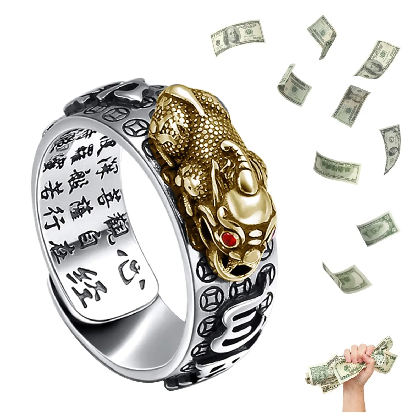 Feng Shui Pixiu Amulet Lucky Adjustable Ring Buddhist Good Luck Mantra Double Protection Wealth Love Health Ring Vintage Ring Jewelry Gift