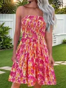Plus Size Floral Smocked Tube Top Mini Dress Casual Strapless Ruffled Hem Loose Fit Dress, Y2K Clothes Summer Daily Wear, Trendy Bohemian Dresses, Comfortable Relaxed Fit Casual Ensembles, Stylish Pattern Detail Party Casual Wear