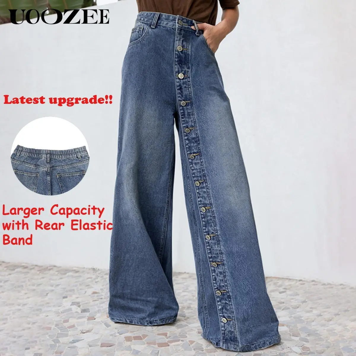UOOZEE Women's High-Rise Cotton Denim Jeans - Baggy Wide Leg, Long, Loose Straight Leg, Comfortable, Breathable, Streetwear, Non-Functional Buttons, Pocket Decor, Back Elastic, Single-Breasted Bottoms, Baggy Wide Leg Jeans, Long Jeans