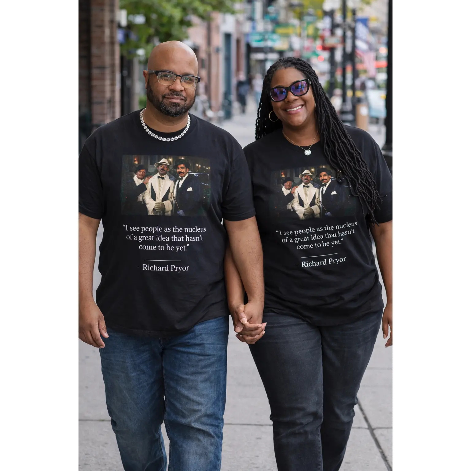 Men's Short-Sleeve Streetwear Graphic Tee - Soft Round Neck Casual Cotton Top, Cultural Comedian Portraits (Richard Pryor, Eddie Murphy, Redd Foxx), Quote Prints, Reflective Accents, Premium Knit Fabric, Denim Jacket/Blazer Pairing, Smooth Finish, S-3XL