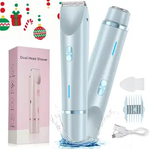 Bikini Trimmer for Women, Intimate Pubic Trimmer Electric Shaver and Razor Rechargeable 2-in-1 Body and Facial Hair Removal Double Head for Painless Trimming of Pubic Face Underarm Legs, IPX7 Waterproof, pink