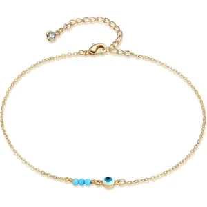 Gold Anklets for Women 14K Gold Plated Boho Beach Beaded Chain Anklet Dainty Turquoises Evil Eye Ankle Bracelet Adjustable Chain Anklet Foot Jewelry