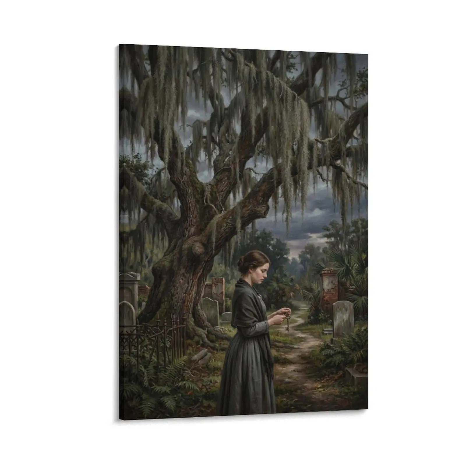 Frameless Decorative Printed Canvas Wall Art - Artistic Realistic Vintage Cemetery Scene with Woman & Key, Dark Retro Room Accessories, Indoor Wall Decor for Living Room, Bedroom