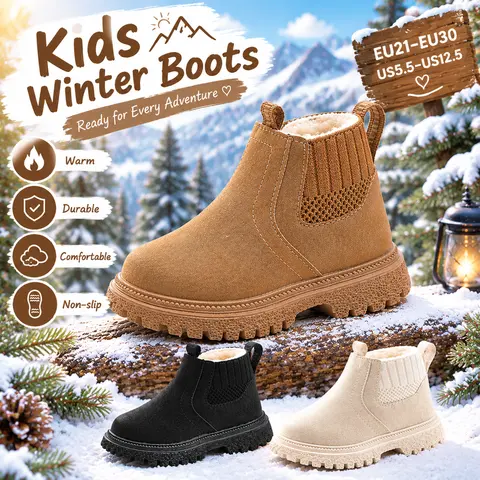 Kids' Winter Velvet British Look Short Boots, Little Toddler Footwear with Side Zipper, Soft Rubber Sole for Boys and Girls