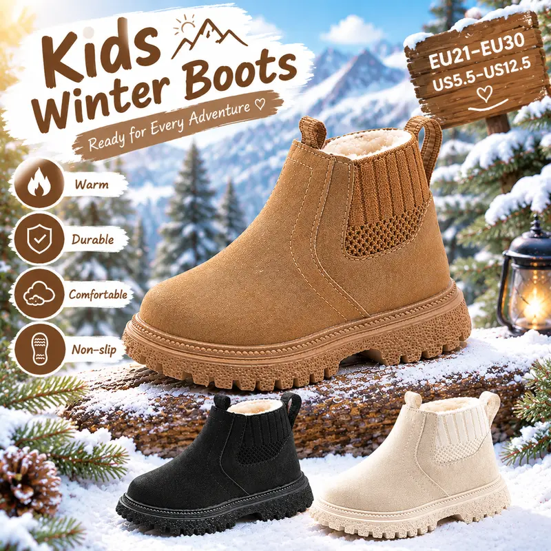 Kids' Winter Velvet British Look Short Boots, Little Toddler Footwear with Side Zipper, Soft Rubber Sole for Boys and Girls