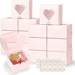 Bakery Boxes with Heart Window, 4x4x2.5 Inch Pastry Gift Boxes, 5 Sheets Decorative Stickers for Cupcake, Wedding, Valentine’s Day