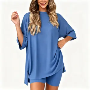 Women's 2-Piece Loungewear Set - Baggy Longline Tee Clothes, Chic Oversized Tunic Top & Fitted Biker Shorts, Minimalist Side Slit Design, Relaxed Drape, Athleisure Comfort for Weekend Getaways