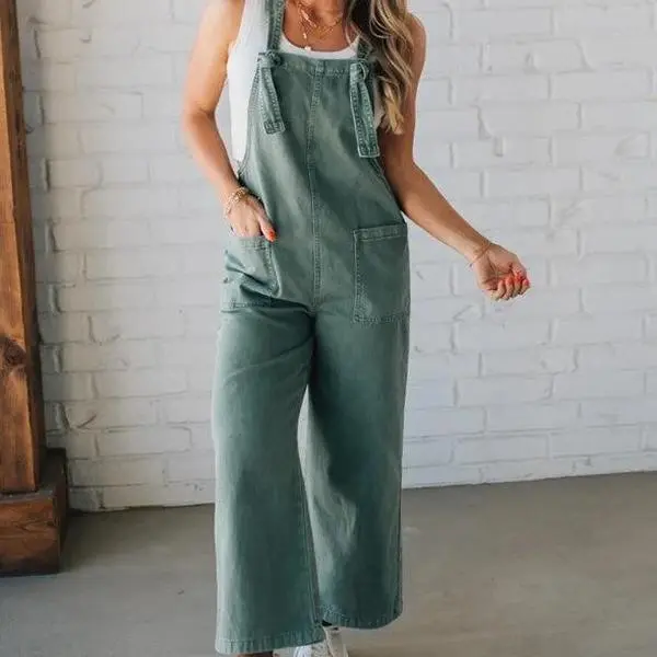 ZENANA Washed Knot-Strap Relaxed-Fit Overalls Teal